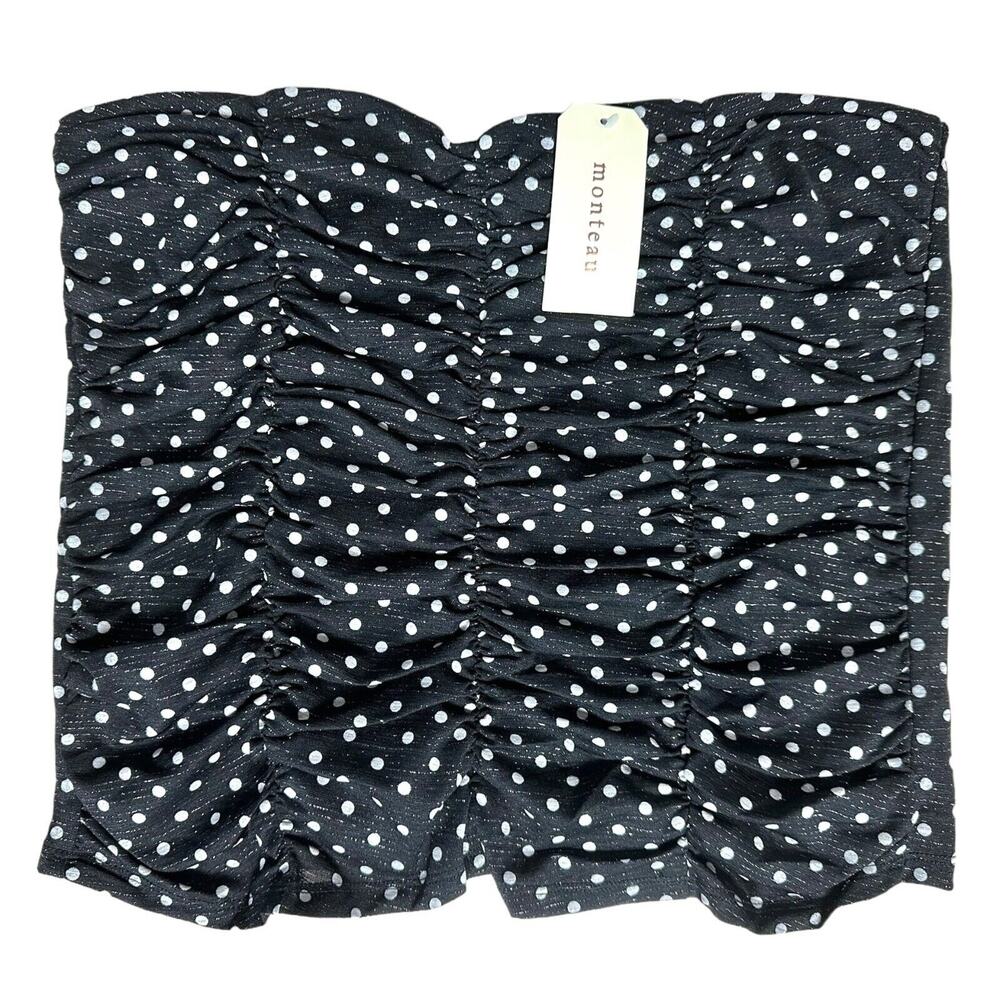Monteau LA Junior's Glitter Strapless Crop Top Size XL Black w/ White Polka Dot